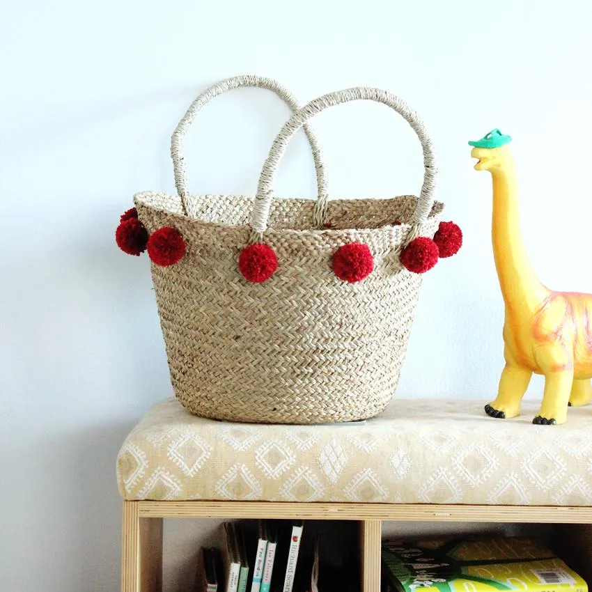 Woven Market Basket Bag, with Cranberry Red Pom-poms