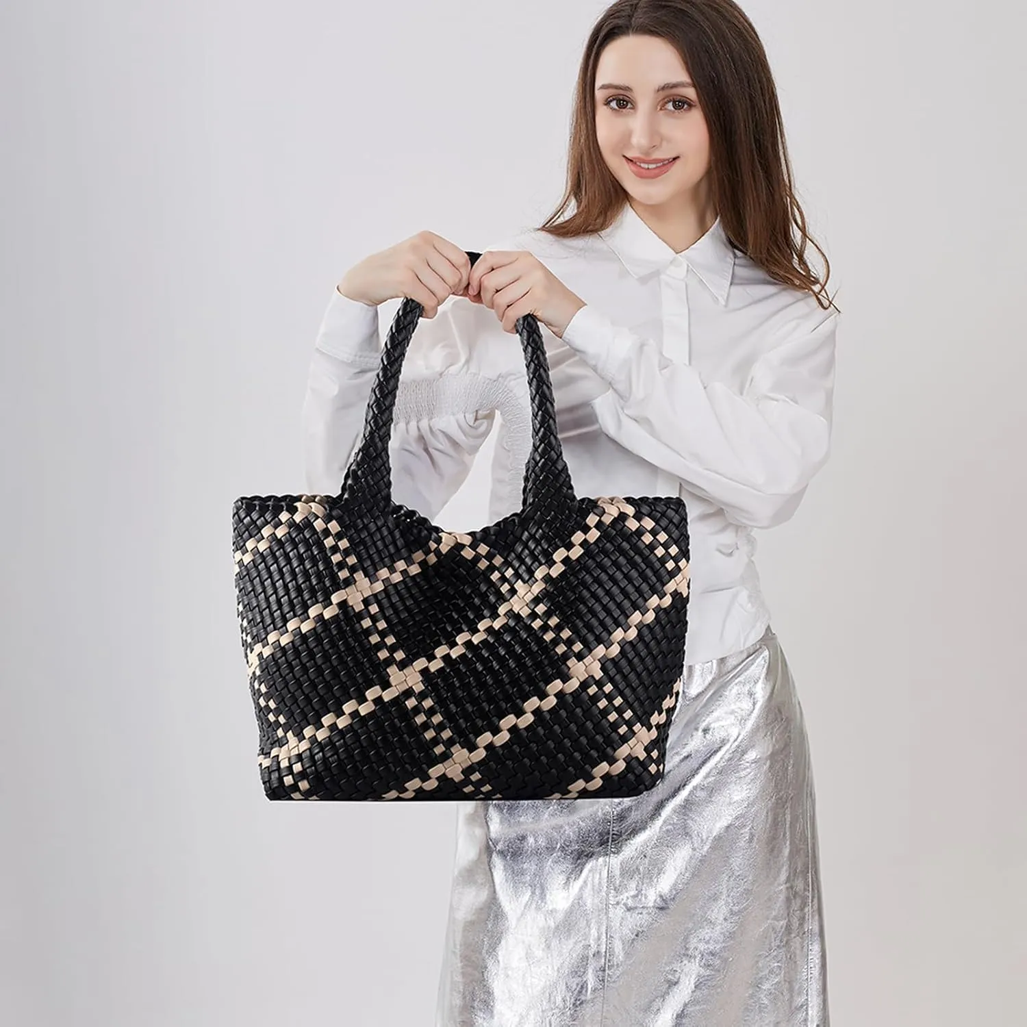 Woven Tote Bag Womens Purse Vegan Leather Shoulder Handbags Fashion Summer Beach Tote Bags Large Travel Totes