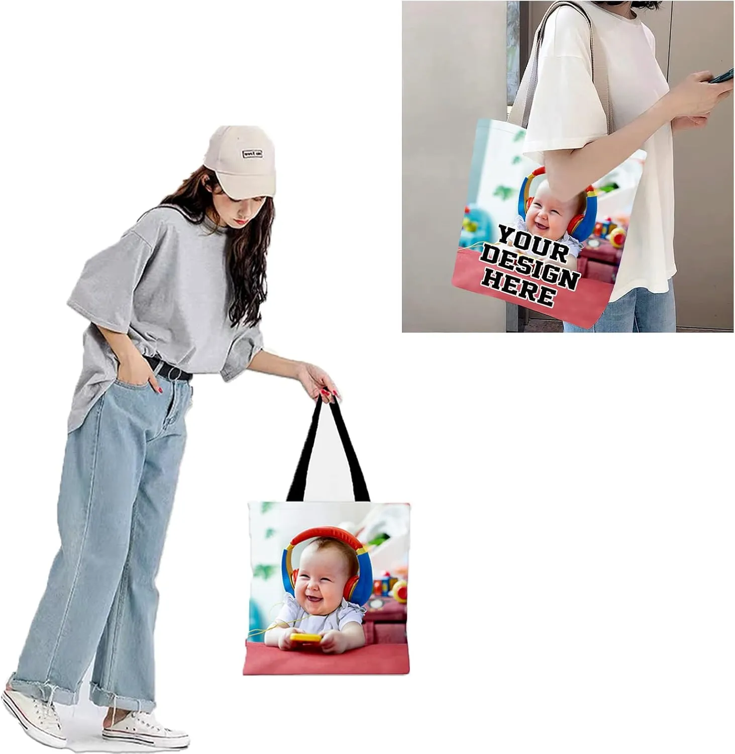 xrlsg Custom Canvas Tote Bags for Women Personalized Grocery Tote Bags with Your Photo Logo Text Reusable for Beach, Travel