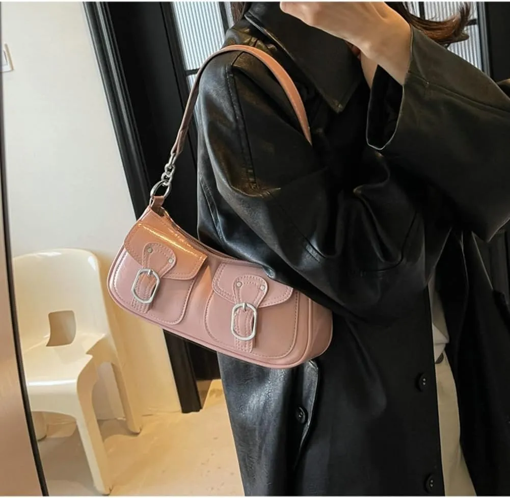 Y2k Hobo Bags Women 90s PU Leather Red Underarm Crescent Shoulder Bag Trendy Punk Crossbody Purse Slouchy Tote Handbag