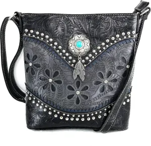 Zelris Floral Western Pu Tooled Leather Turquoise Concho Feathers Women Concealed Carry Crossbody Messenger Bag