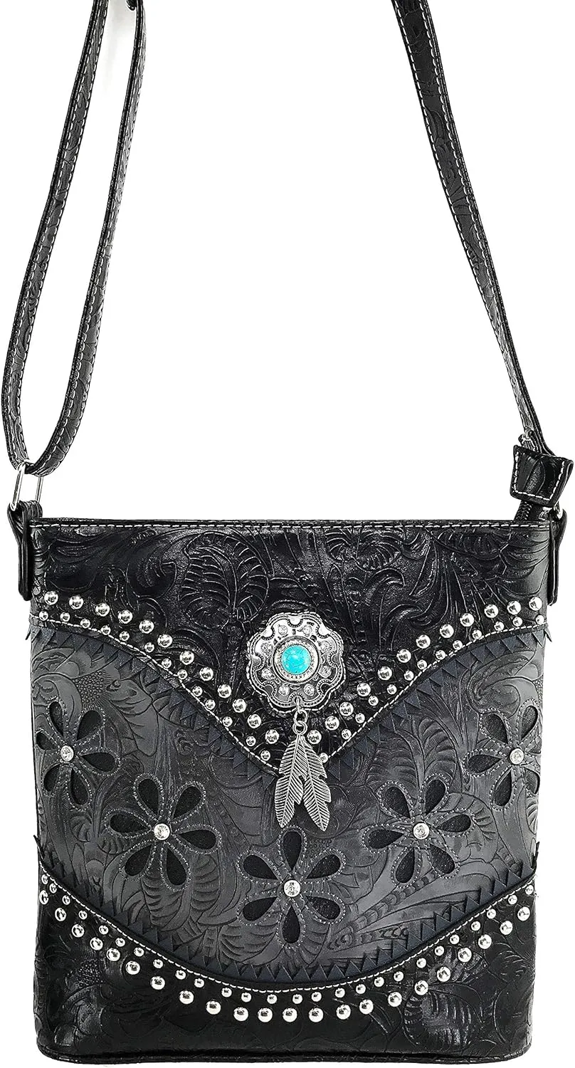 Zelris Floral Western Pu Tooled Leather Turquoise Concho Feathers Women Concealed Carry Crossbody Messenger Bag
