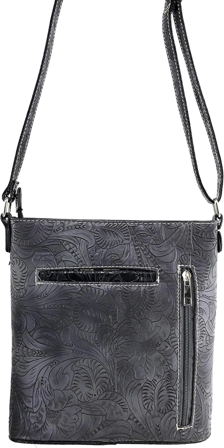 Zelris Floral Western Pu Tooled Leather Turquoise Concho Feathers Women Concealed Carry Crossbody Messenger Bag
