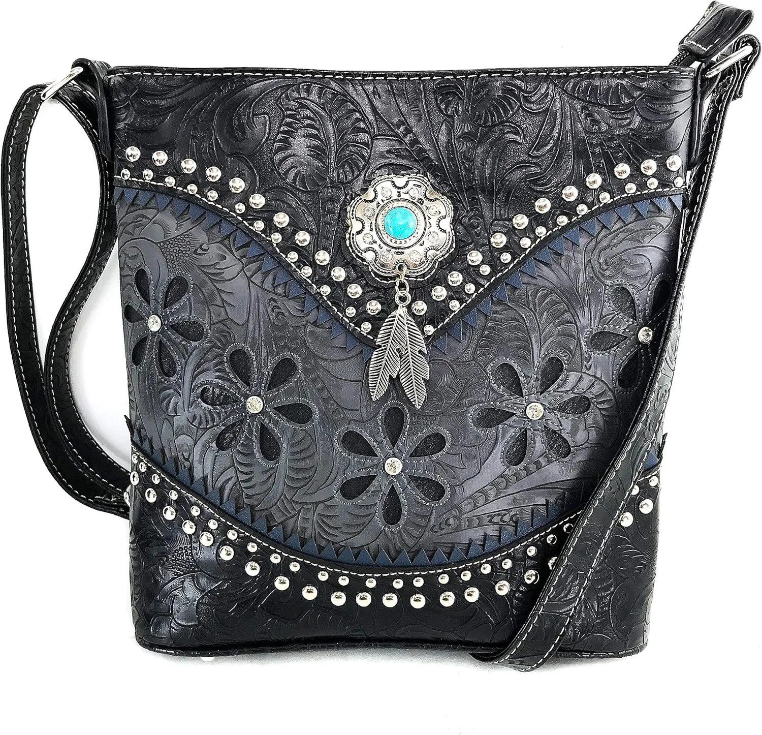 Zelris Floral Western Pu Tooled Leather Turquoise Concho Feathers Women Concealed Carry Crossbody Messenger Bag